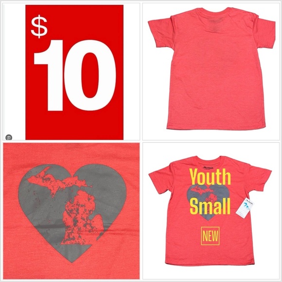 Boys Girls Unisex Michigan Great Lakes Youth Small Crewneck T-Shirt Coral NWT - Picture 1 of 7